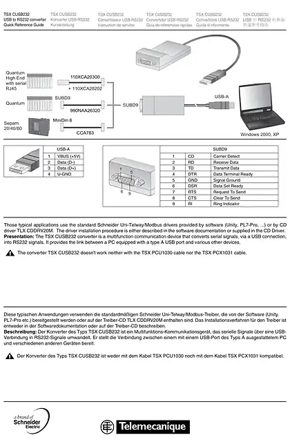 schneider施耐德TSXCUSB232_ USB 至 RS232 转换器 _ 快速参考指南